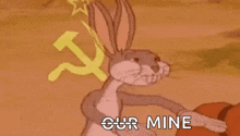 bugs bunny is holding a pumpkin in front of a hammer and sickle symbol .