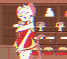 a pixel art drawing of a cat standing in front of a display of cakes