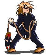 a pixel art of a man holding a rope and a doll .