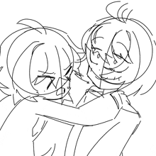 a black and white drawing of two girls hugging one another