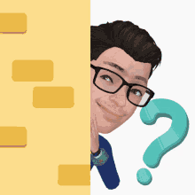 a man wearing glasses is peeking over a wall with a question mark in front of him