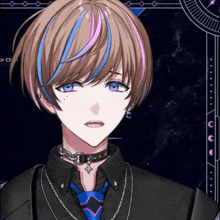 a boy with blue and pink hair is wearing a choker and earrings