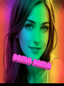 a woman 's face is surrounded by a rainbow colored background and the words sana sana are visible