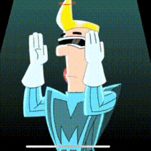 a cartoon character wearing a blue suit and white gloves holds his hands up