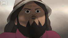 a cartoon of a man with a beard wearing a hat that says [ as ] on the bottom right