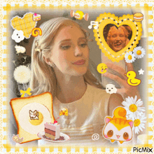 a picture of a woman taking a selfie with a picture of a man in a heart shaped frame