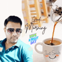 a picture of a man next to a cup of coffee that says " good morning "
