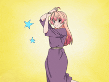 a girl in a purple dress with her arms outstretched is surrounded by stars and the words " は どう もー "