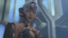 a video game character with white hair and blue eyes is standing in a dark room