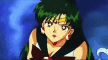 a cartoon girl with green hair and a red bow