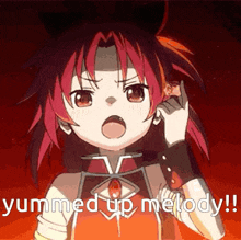 a girl with red hair is talking on a cell phone with the words yummed up melody !