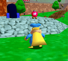 a cartoon character with a blue hat and a yellow cape is standing in a grassy field