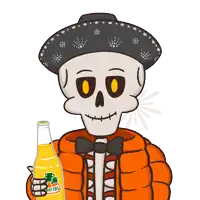 a cartoon skeleton holding a bottle of jarritos