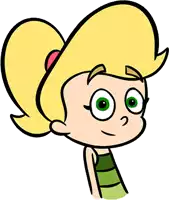 a cartoon girl with blonde hair and green eyes is wearing a green striped shirt