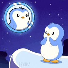 a penguin looking at itself in a mirror with the word pengu on the bottom right