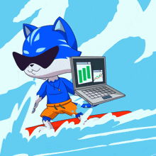 a cartoon character is riding a surfboard while holding a laptop with a graph on it