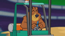 a cartoon bear is driving a forklift and smiling