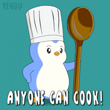 a penguin wearing a chef 's hat is holding a wooden spoon with the words anyone can cook below it