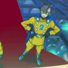 a cartoon character in a yellow and blue costume with the number 2 on it