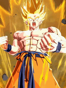 a cartoon of a man with a yellow hair and a blue belt