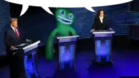 donald trump and kamala harris are having a debate with a green monster behind them