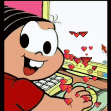 a cartoon character is typing on a computer keyboard with hearts coming out of it