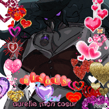 a picture of a man surrounded by hearts with the words bisous on it
