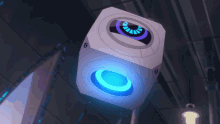 a white cube with a blue circle on it