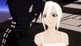 a black and white anime character with red eyes