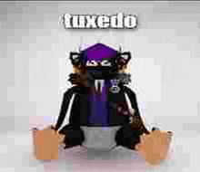 a cartoon character with a purple hat and a purple scarf is sitting on a chair .