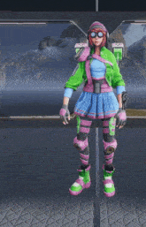 a woman in a green and pink outfit is standing on a wall