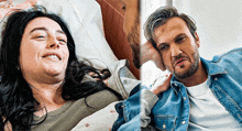 a man and a woman are laying in bed and the woman is smiling