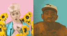 a man with butterflies on his face is standing next to a woman with sunflowers