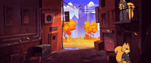 a cartoon illustration of an alleyway with a sign that says exit on it