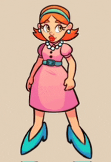 a cartoon drawing of a girl in a pink dress and blue shoes