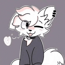 a cartoon drawing of a white cat wearing a black shirt and a collar .