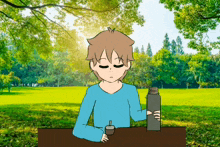 a cartoon of a boy sitting at a table with a thermos
