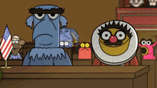 a cartoon of sesame street characters in a courtroom with an american flag