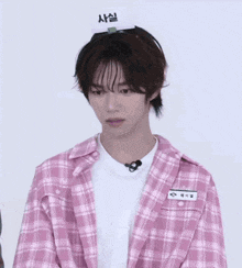 a person wearing a pink plaid shirt has a name tag that says ' a ' on it
