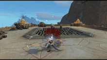 a video game scene with a dragon and a sword