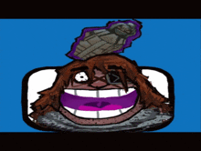 a cartoon of a man with a purple mouth and a purple object on his head