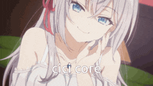 a girl with white hair and blue eyes is smiling with the words " cici core " written below her
