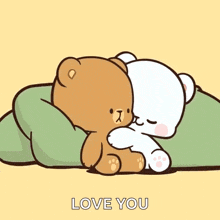 a couple of teddy bears hugging each other with the words love you in the background