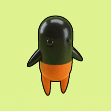 a cartoon character with a black head and orange legs on a yellow background