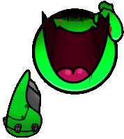 a green cartoon character with a huge mouth is laughing and has blood coming out of it 's mouth .