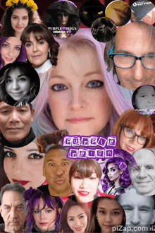 a collage of faces with purple reign written on the bottom