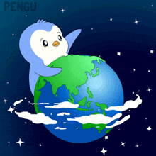 a penguin is sitting on top of a globe with the word pengu written below it