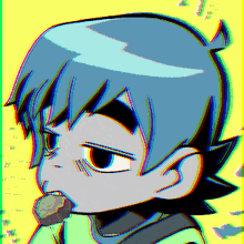 a cartoon drawing of a boy with blue hair eating something
