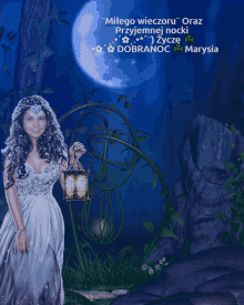 a woman in a white dress is holding a lantern in front of a moon
