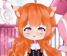 a girl with orange hair and cat ears is looking at something